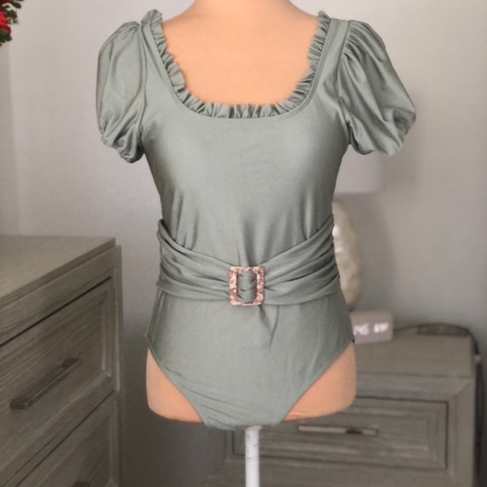 Mint Green Ruffled Puff Sleeve One Piece Swimsuit New.